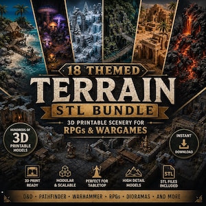 May include: A digital graphic for an 18 themed terrain STL bundle featuring 3D printable scenery for RPGs and wargames. The image displays six varied landscape vignettes, including tropical, fungal, icy, forest, desert, and volcanic environments.