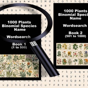 Puede incluir: Dos libros de búsqueda de palabras, "1000 Plants Binomial Species Name", se muestran bajo una lupa. El libro 1 cubre las especies 1-500, y el libro 2 cubre las especies 501-1000. Cada libro presenta ilustraciones botánicas.