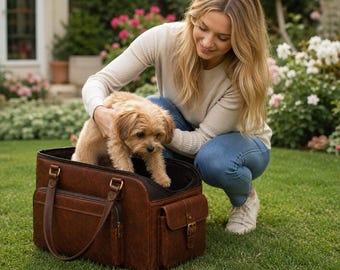 Leather Dog Carrier Bag, Genuine Leather Pet Travel Tote for Small Dogs with Storage Pockets