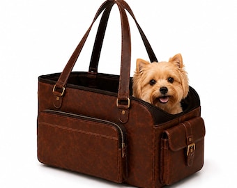 Leather Dog Carrier Bag, Genuine Leather Pet Travel Tote for Small Dogs with Storage Pockets
