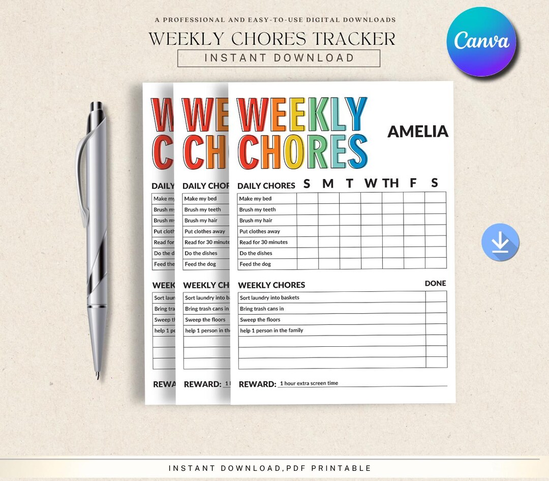 Weekly Chores Tracker Printable, Kids Chore Chart, Family Routine ...