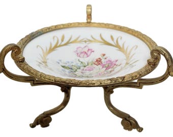 SÈVRES Antique French Porcelain Footed Floral Serving Dish With Bronze Mount