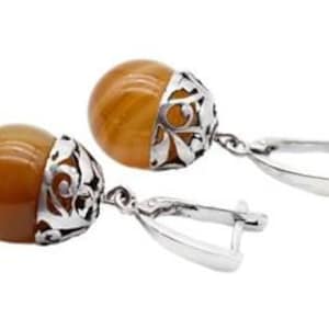 Vintage Sterling Silver Natural Gobi Eye Agate Drop Drangle Latch Clip Earrings