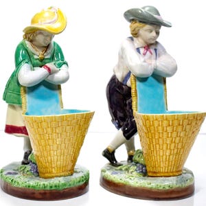 Set of 2 MINTON MAJOLICA Boy And Girl Planters With Basket Flower Holder Figures