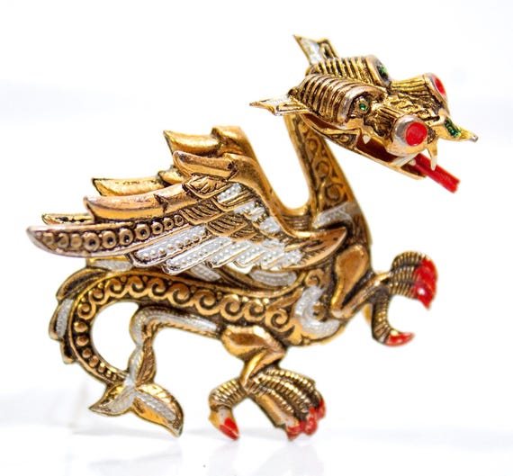 Vintage Spain Damascene Rhinestone Golden Lunar Dragon Brooch