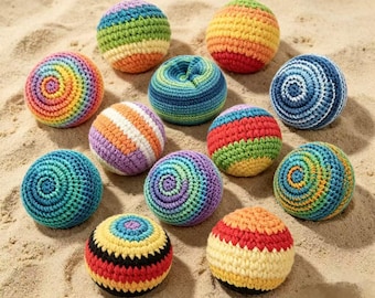 Hacky Sack de ganchillo hecho a mano, pelota antiestrés de punto colorida, juguete sensorial para niños, pelota de patadas hecha a mano, saquito de frijoles tejido arcoíris