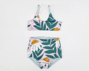 Bikini clásico reversible de cintura alta: traje de baño para niñas personalizado en la tela de su elección