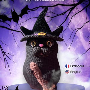 Peut inclure: Un chat noir en crochet portant un chapeau de sorcière et tenant un balai, sur fond violet avec des chauves-souris et des branches. Le texte indique "IMPORTANT: CE N'EST PAS LA PELUCHE FINIE / NOT THE FINISHED PLUSH."