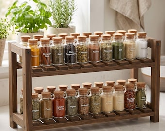 Spice Rack Organizer | Wood Spice Rack, Tiered Spice Rack Shelf, Countertop Kitchen Organizer, Farmhouse Spice Jar Rack