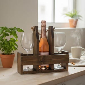 Rustic Wood Bottle & Stemware Holder – Solid Handcrafted Wood Home Bar Organizer – Kitchen Counter Decor – Retro Farmhouse Entertai