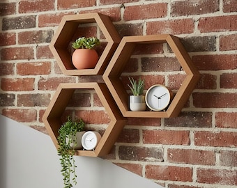 Hexagon Wall Shelf Set of 3 – Solid Wood Honeycomb Floating Shelf – Walnut Finish – Boho Home Decor – Nursery Wall Storage – Geomet