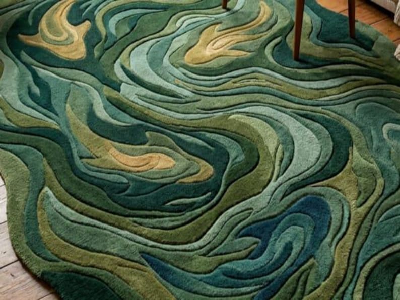 Green Abstract Hand Tufted Wool Rug Organic Shape Nature Inspired Area ...