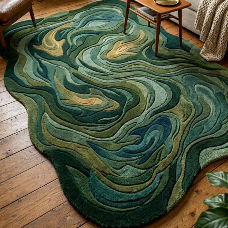 Green Abstract Hand Tufted Wool Rug Organic Shape Nature Inspired Area ...