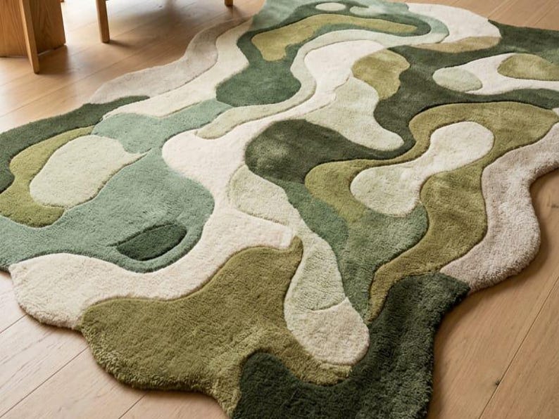 Organic Abstract Hand Tufted Wool Rug Green Beige Irregular Shape ...