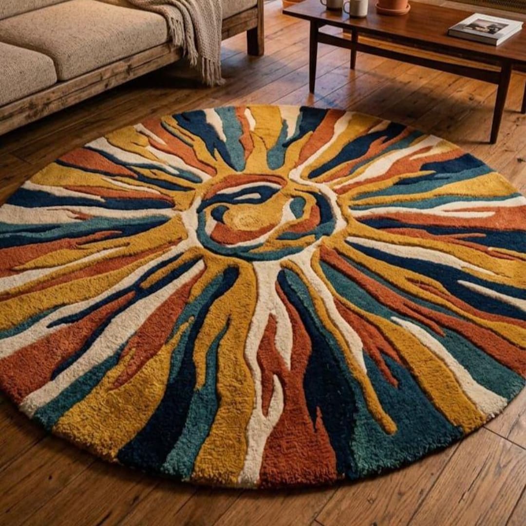 Eclectic Round Wool Rugs Sunburst Round Rug Hand Tufted Wool Abstract Colorful Circle Rug Mid ...