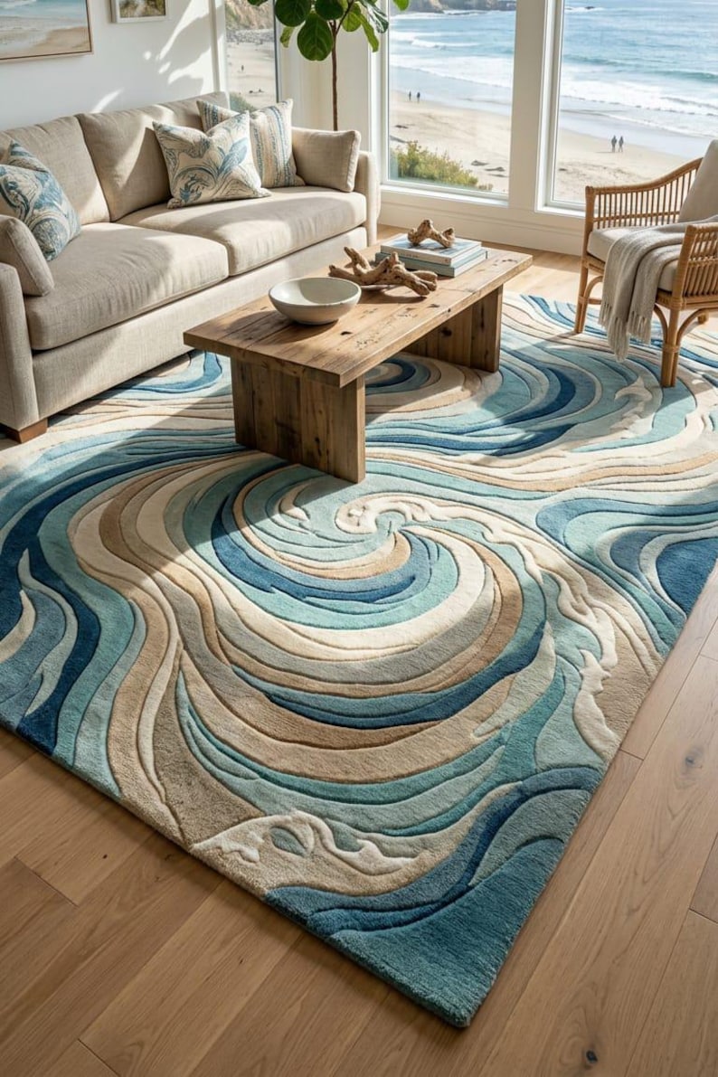 Ocean Wave Hand Tufted Wool Rug Coastal Abstract Area Carpet Blue Beige ...