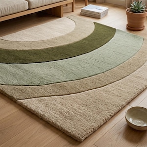 Hand Tufted Wool Rug Sage Green Sand Olive | Arch Pattern Area Rug | Boho Modern | Custom Sizes Available