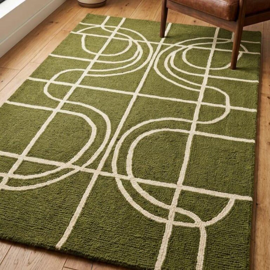 Geometric Grid Hand Tufted Wool Rug Green Cream Modern Abstract Line ...