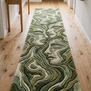 Tapis de passage abstrait en laine vert touffeté à la main Tapis de couloir moderne bio et sauge en laine