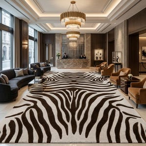 May include: A large area rug featuring a bold, high-contrast zebra stripe pattern in dark brown and cream. The rug is positioned in a spacious hotel lobby with dark wood paneling, a marble reception desk, and a tiered gold crystal chandelier.