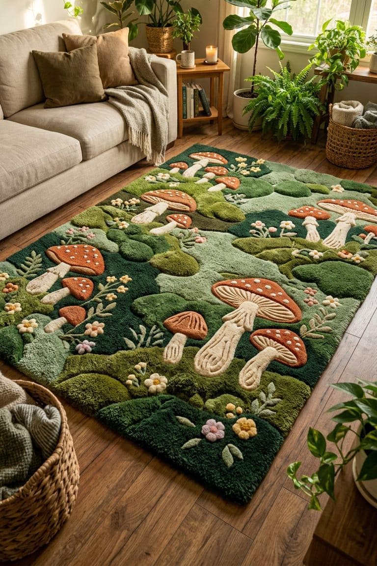 Mushroom Moss Tufted Rug, 3D Forest Area Rug, Cottagecore Nature Rug ...