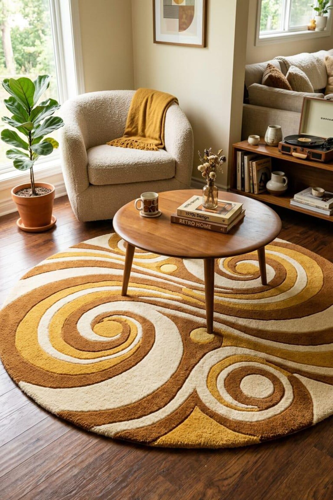 Eclectic Round Wool Rugs Round Retro Swirl Hand Tufted Wool Rug Mustard Brown Cream Mid Century ...