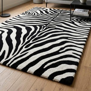 Hand Tufted Zebra Pattern Wool Rug, Black White Animal Print Area Rug for Living Room, Modern Safari Style Carpet, Soft Handmade Rug