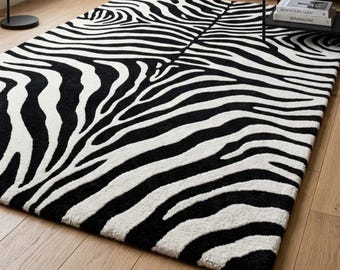 Hand Tufted Zebra Pattern Wool Rug, Black White Animal Print Area Rug for Living Room, Modern Safari Style Carpet, Soft Handmade Rug