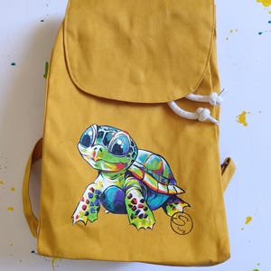 Personalized children's turtle backpack – mini hand-painted organic cotton bag – personalized with name – original children's gift