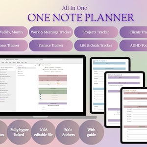 May include: A digital planner displayed on a laptop and several tablets. The planner includes templates for daily, weekly, and monthly planning, as well as trackers for work, meetings, projects, clients, wellness, finance, life goals, and ADHD. The image also highlights features like 80+ templates, fully hyperlinked content, a 2026 editable file, 200+ stickers, and a guide.