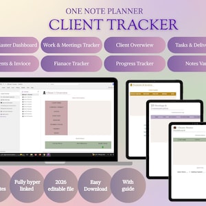 Puede incluir: Un rastreador de clientes digital que se muestra en una computadora portátil y tres tabletas. La interfaz presenta secciones para la descripción general del cliente, tareas y seguimiento financiero. El texto incluye "One Note Planner" y "Client Tracker."