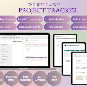 Peut inclure: Un gestionnaire de projet numérique affiché sur un ordinateur portable et des tablettes. L'interface comprend des sections pour les tableaux de bord de projet, le suivi budgétaire et les journaux d'équipe. Le texte comprend "One Note Planner" et "Project Tracker".