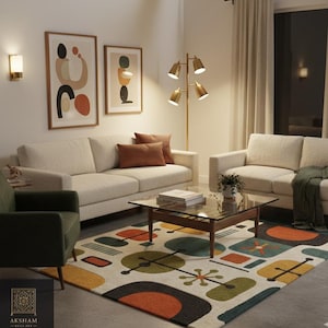 May include: A living room scene featuring a cream-colored sofa, a green armchair, and a patterned rug with geometric shapes in orange, green, and yellow. A gold floor lamp and framed abstract art pieces add to the decor.