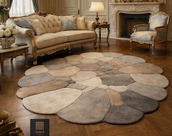 10x10 Organic Circle Shape Wool Rug Handmade, Modern Pebble Area Rug, Luxury Neutral Statement Rug for Living Room Custom Sizes 6×6 7×7 8×8