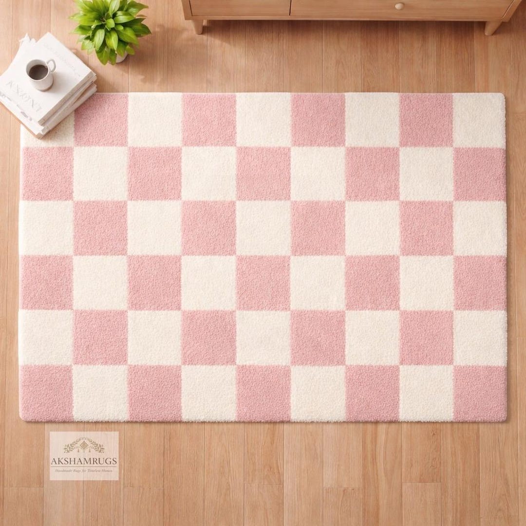 Hand Tufted Wool Rug, Pink and Cream Checkered Rug, Modern Art Danish ...