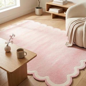 Blush Pink Scalloped Rug | Modern 3D Sculpted Area Rug for Nursery or Aesthetic Bedroom | Soft Pastel Wavy Edge Floor Decor image 10