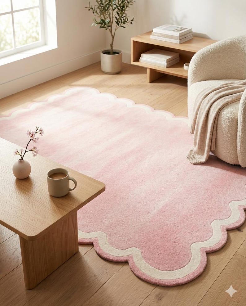 Blush Pink Scalloped Rug | Modern 3D Sculpted Area Rug for Nursery or Aesthetic Bedroom | Soft Pastel Wavy Edge Floor Decor image 10