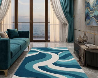 Handmade Hand-Tufted Rug | 6x8 Blue Abstract Wave Wool Area Rug | Modern Coastal Accent Rug for Bedroom & Living Room | Soft Custom Rug