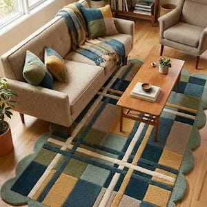 May include: A rectangular area rug with a scalloped edge featuring a geometric grid pattern in shades of deep blue, mustard yellow, sage green, and cream. The rug has a textured, tufted surface and is positioned on a light wood floor.