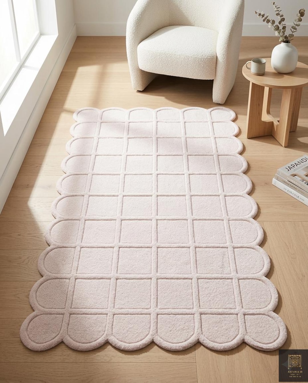 Cream Scalloped Wool Rug | Minimalist Hand Tufted Rug for Living Room ...