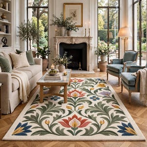 May include: A rectangular area rug featuring a cream-colored background with a symmetrical botanical pattern. The design includes large stylized flowers in shades of red, blue, and yellow, surrounded by intricate, flowing green leafy vines.