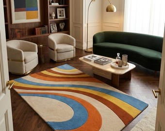 Handmade Hand-Tufted Wool Rug 5x8 | Mid Century Modern Wave Pattern Retro Orange Blue Large Area Rug for Living Room Bedroom Boho Accent Rug