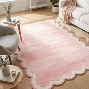 Blush Pink Scalloped Rug | Modern 3D Sculpted Area Rug for Nursery or Aesthetic Bedroom | Soft Pastel Wavy Edge Floor Decor image 8