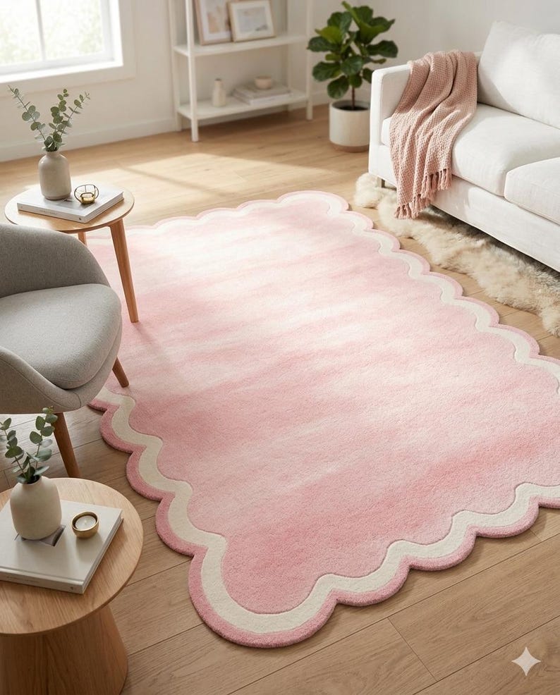 Blush Pink Scalloped Rug | Modern 3D Sculpted Area Rug for Nursery or Aesthetic Bedroom | Soft Pastel Wavy Edge Floor Decor image 8