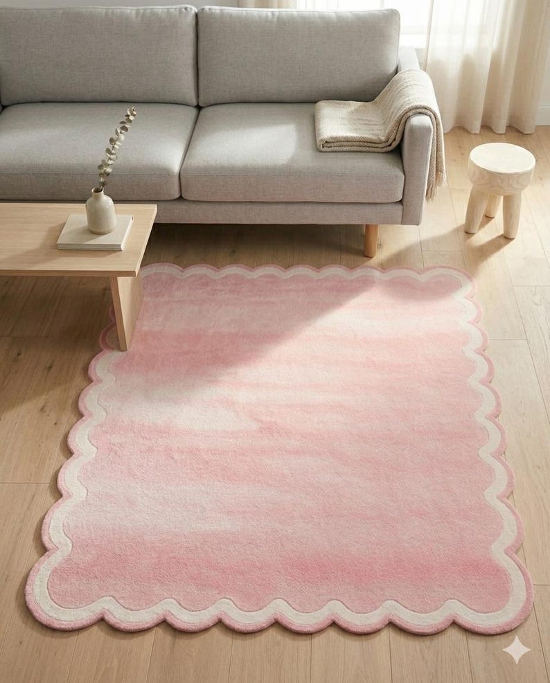 Blush Pink Scalloped Rug | Modern 3D Sculpted Area Rug for Nursery or Aesthetic Bedroom | Soft Pastel Wavy Edge Floor Decor image 7