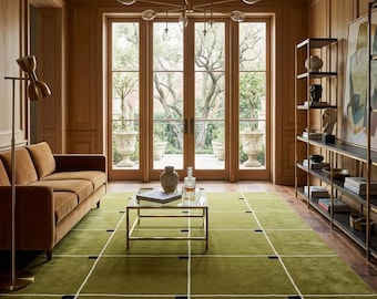 Handgjord grön rutmatta | 6x9 handtuftad ullmatta, olivgrön 50-talsmodern matta | Geometrisk matta för vardagsrum, minimalistisk heminredning