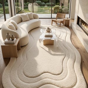 May include: A large, cream-coloured area rug with a wavy, organic shape and layered, textured borders. The rug features a plush, high-pile surface that mimics the appearance of soft wool, creating a distinct, flowing contour on the wooden floor.