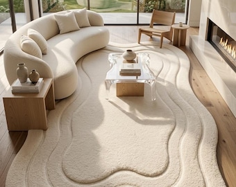HandTufted Wool Rug Cloud Like Fluffy Area Rug | Custom 3D Wavy Irregular Shape Carpet Cream Beige Soft Plush Living Room Bedroom Decor Gift