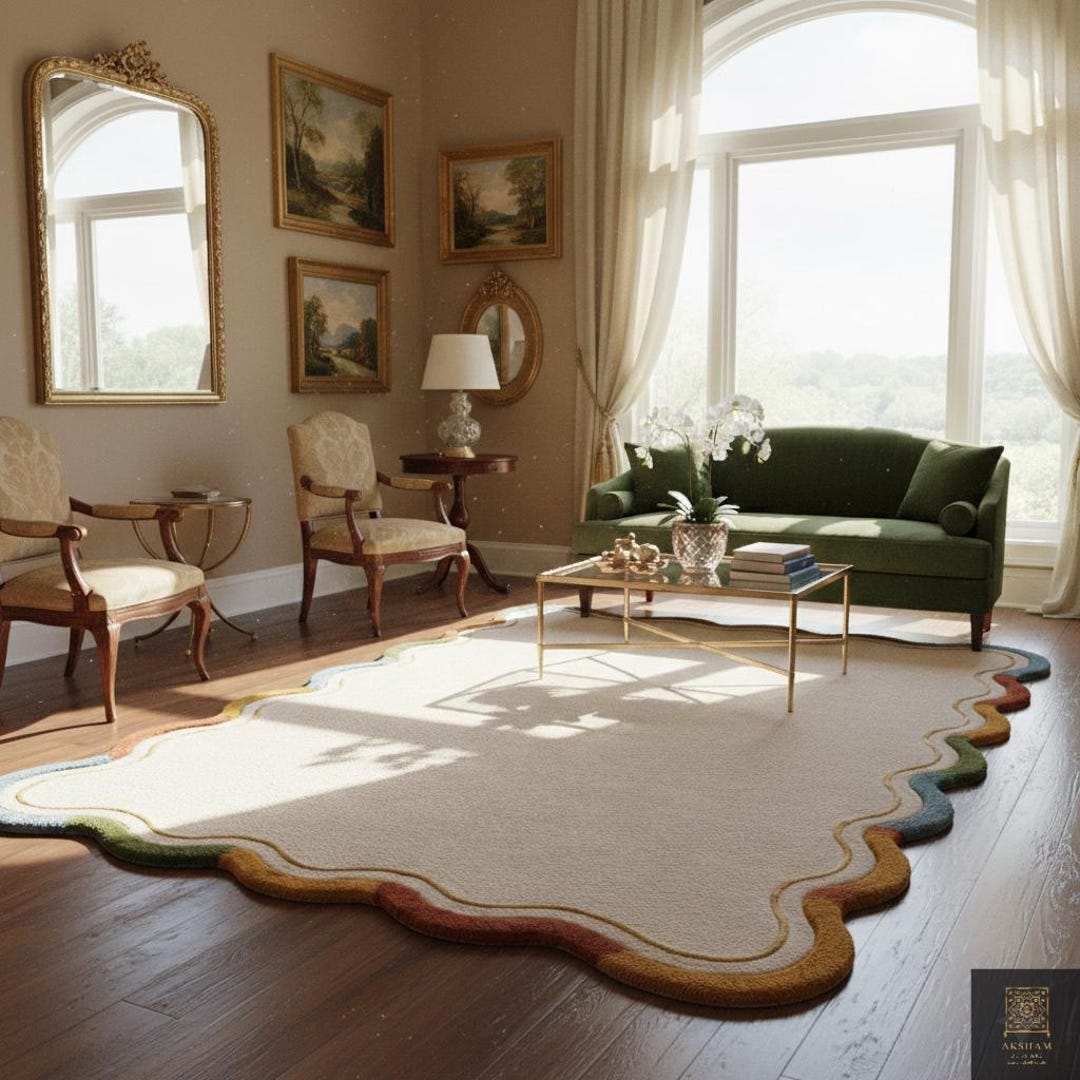 Wool Rug Bordered Design Scalloped Border Wool Rug, Wavy Edge Designer Carpet, Bespoke Handmade ...