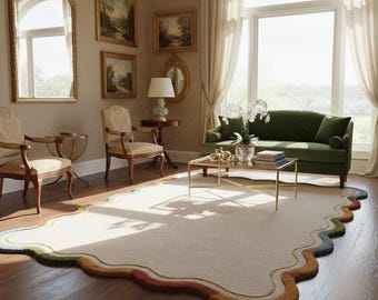 Ullmatta med vågig kant, designermatta med vågig kant, handgjord minimalistisk matta i specialdesign, vågig matta i pastellfärger, heminredning i nordisk stil